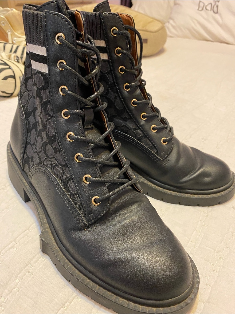 Coach Black Lace-Up Combat Boots with Signature Monogram Panels